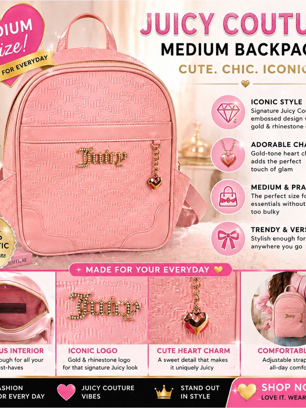 Juicy Couture Pink Embossed Kids Backpack with Gold Heart Charm